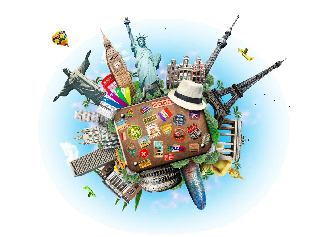 Travel graphy Tourism, World Travel, building, world, suitcase png